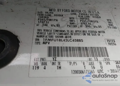 2003 Ford Expedition Eddie Bauer из США, поврежденный, VIN 1FMFU18L43LC45885